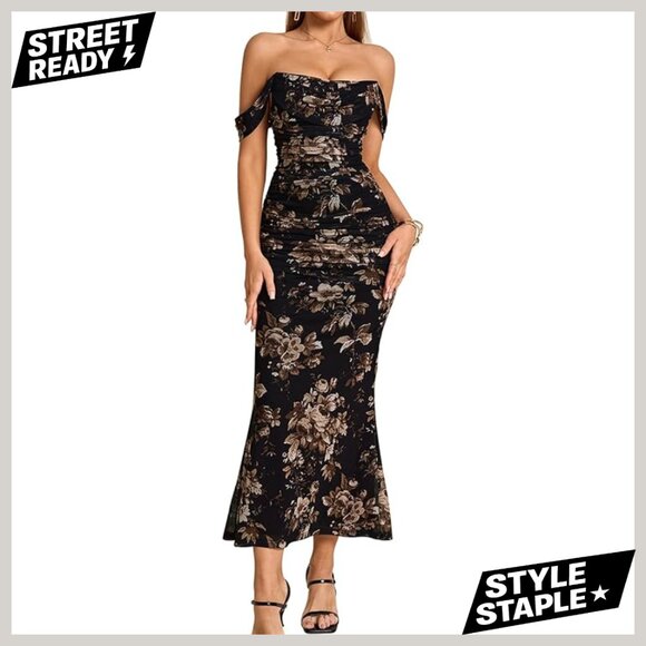 Off Shoulder Maxi Dress Corset Ruched Bodycon Formal Wedding Guest